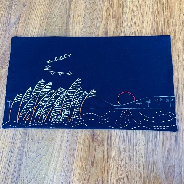 R204-芦苇小 芦苇大雁图模板刺子绣41*24.5cm材料包成品，深蓝亚麻