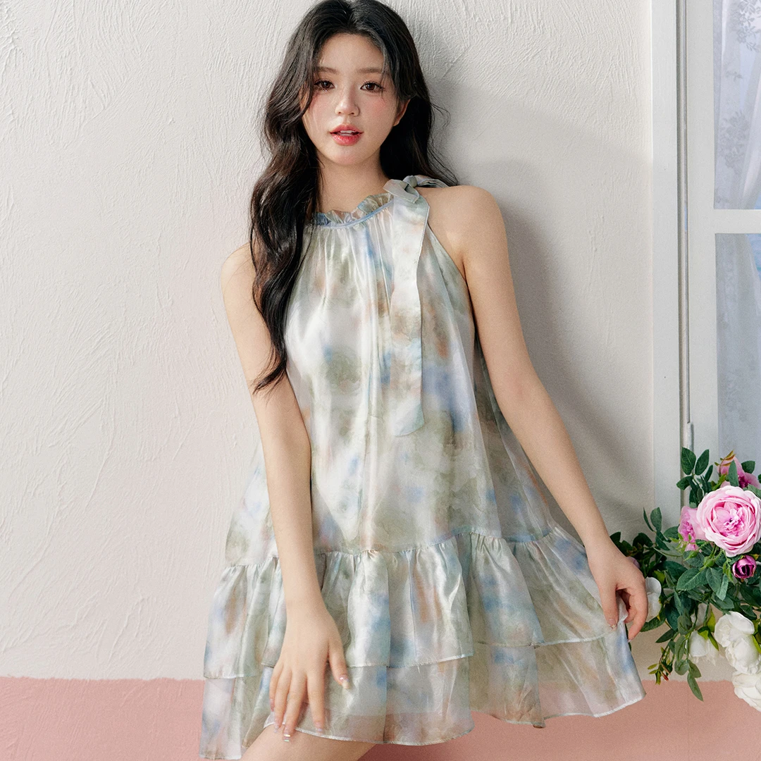 16DEWS 2024SS 法式油画感 水光纱挂脖露肩连衣裙 短款