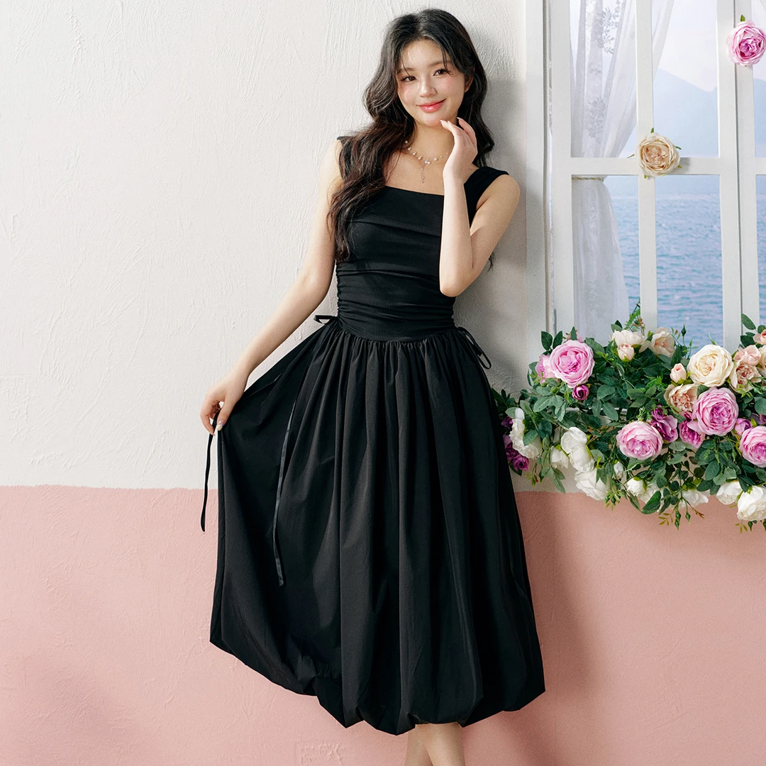 16DEWS 纯色收腰拼接设计气质显瘦夏季黑色 宽边吊带长款连衣裙