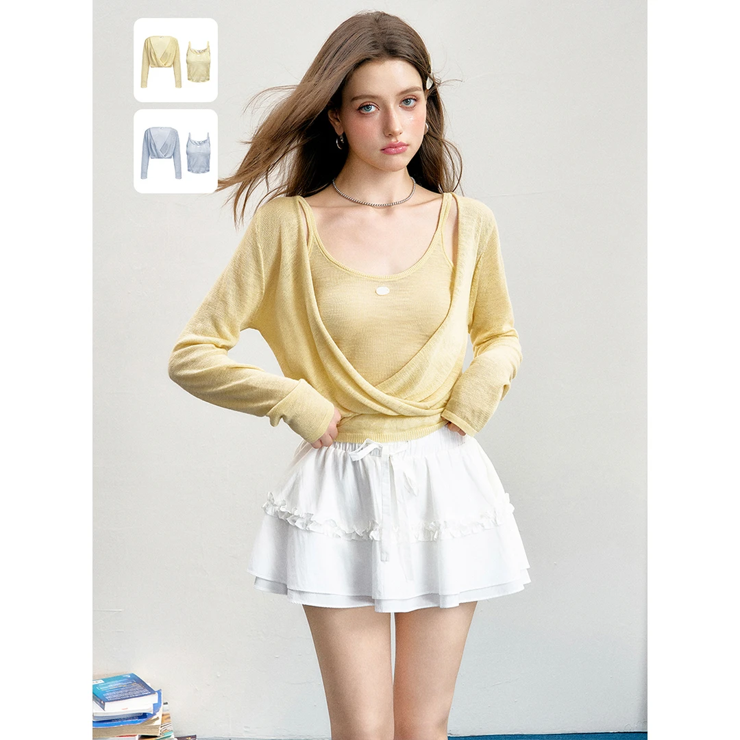 16DEWS苎麻冰丝 垂感吊带 交叉罩衫两件套