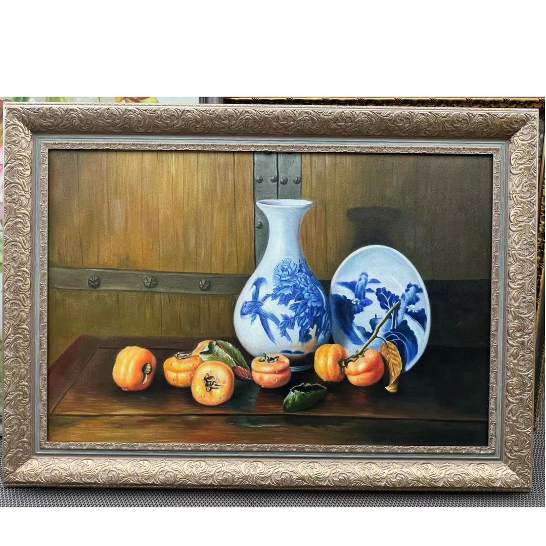 精品纯手工现代装饰画青花瓷柿柿如意6090国风古典中式玄关大白墙