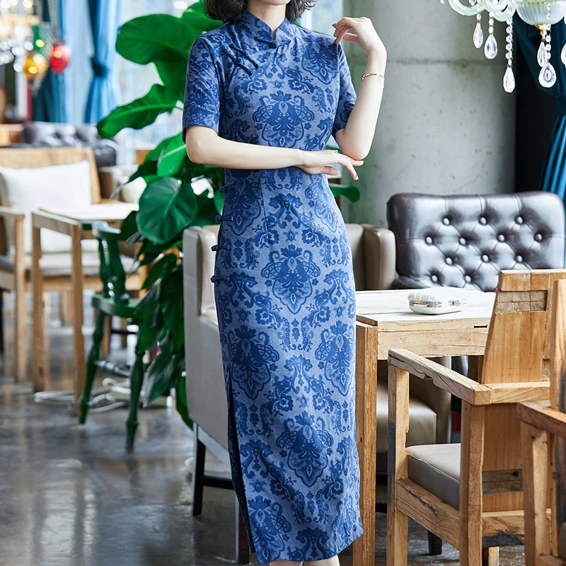 欧依直销复古旗袍优雅中国风印花连衣裙90059