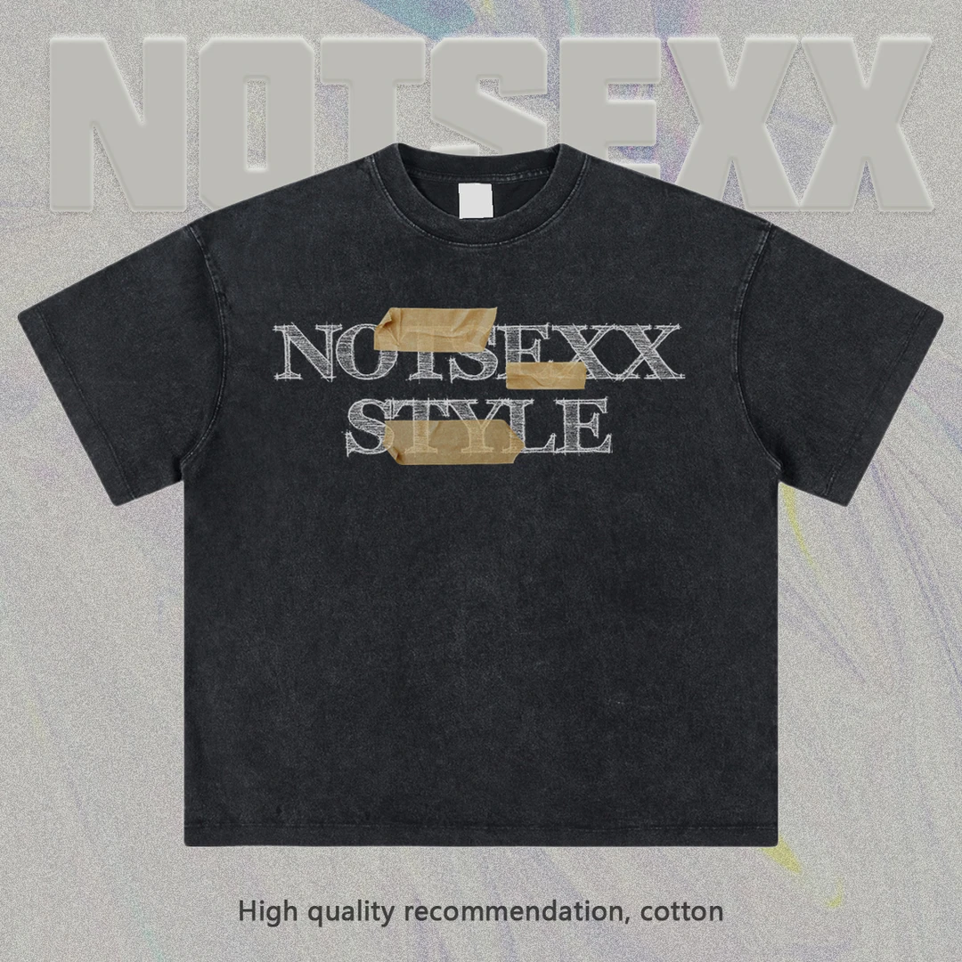 notsexx3D胶布字母260g纯棉重磅数码直喷水洗做旧美式短袖t恤男女