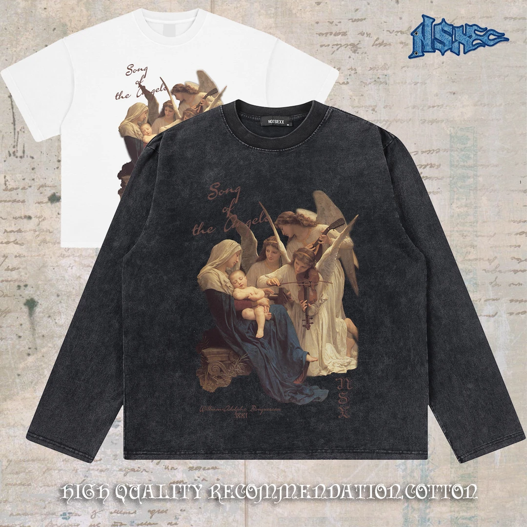 notsexx“天使之歌” 进口数码直喷重磅纯棉短宽boxy短袖长袖t恤男