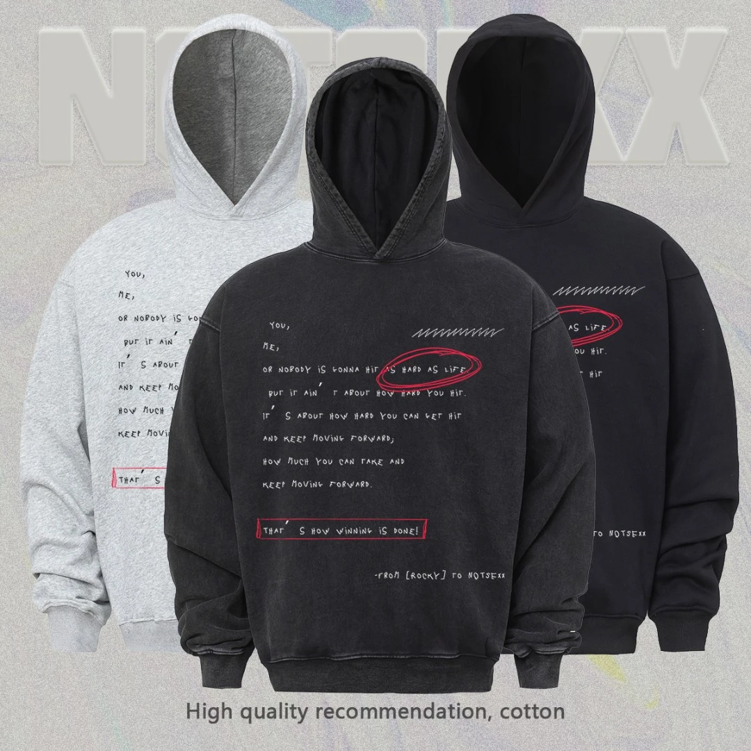 notsexx「洛奇台词」420g重磅毛圈棉数码直喷短宽boxy连帽卫衣男