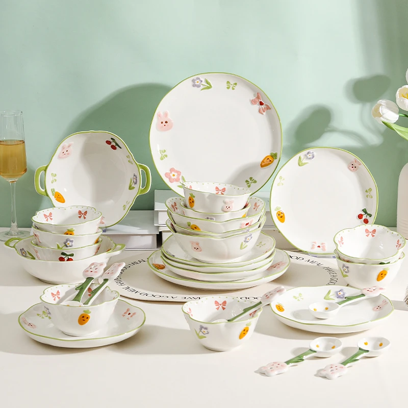 花开半夏家庭餐具套装可爱碗碟盘陶瓷创意高颜值釉下彩吃饭碗盘子
