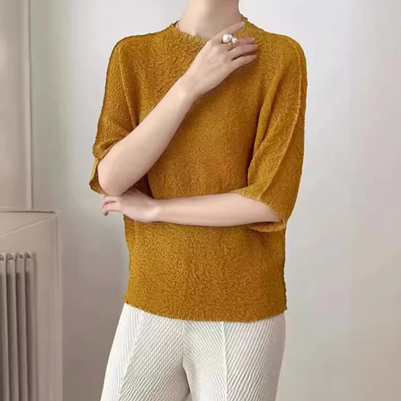 爱褶衣时尚百搭净色蝙蝠袖夏季透气褶皱T恤女