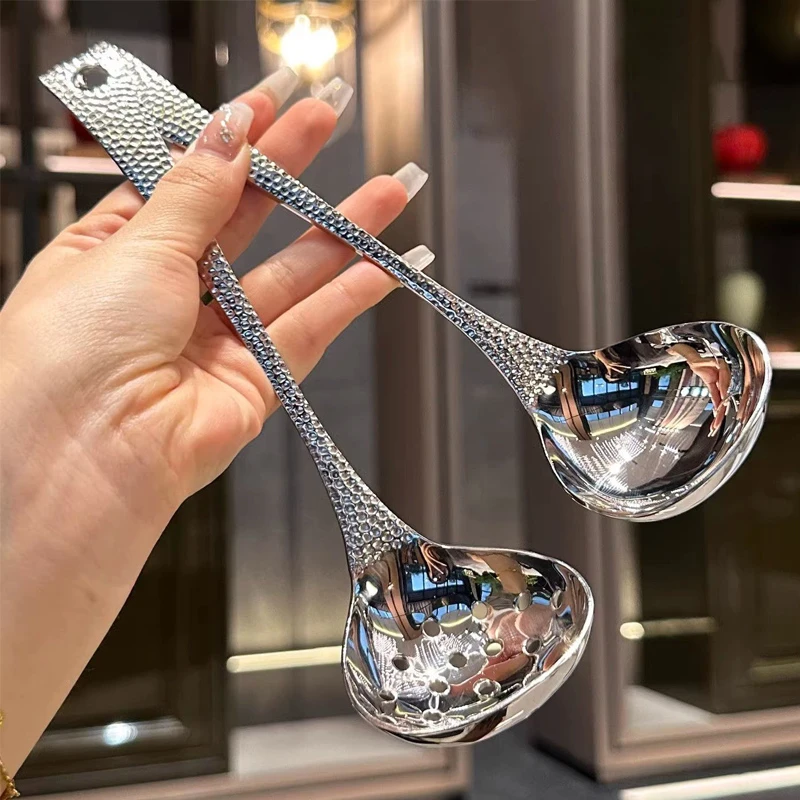 家用长柄加厚不锈钢桌面汤勺鱼尾锤纹漏勺火锅勺子粥勺汤壳大勺子