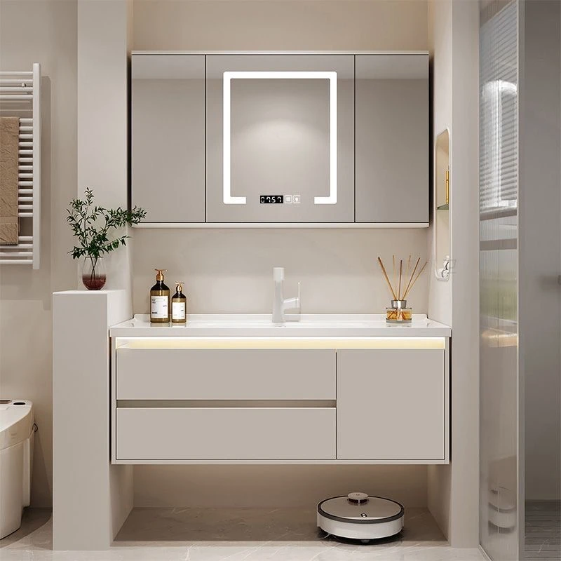 风水镜奶油风新款折叠简约浴室柜组合陶瓷一体卫生间洗漱洗脸全套