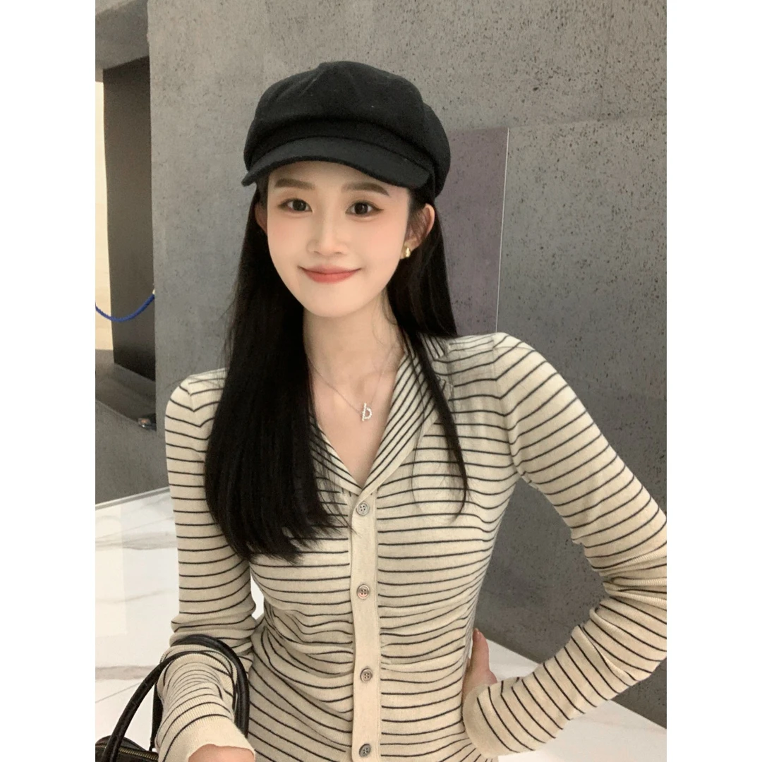 Zzhen【温茶秋棱】翻领条纹针织开衫修身显瘦内搭上衣DMY386