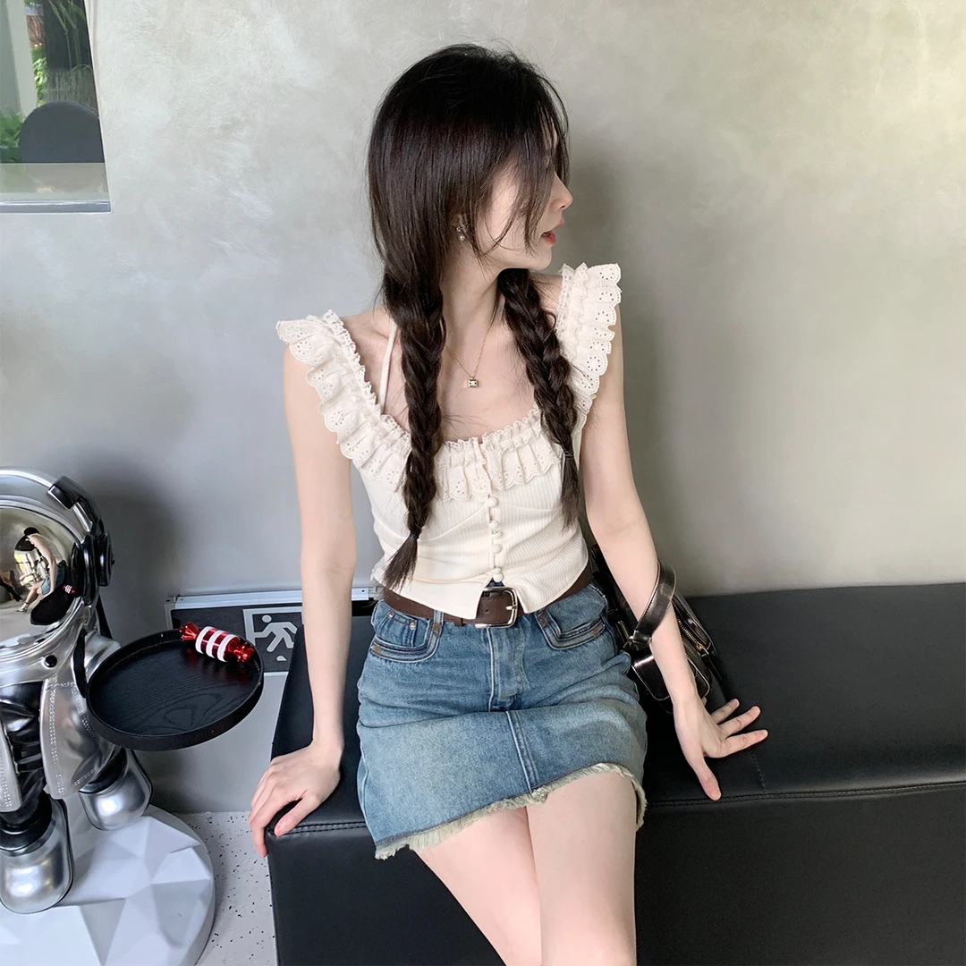 Zzhen【香榭丽甜心】木耳花边挂脖甜美小衫 少女感满满DCS399！