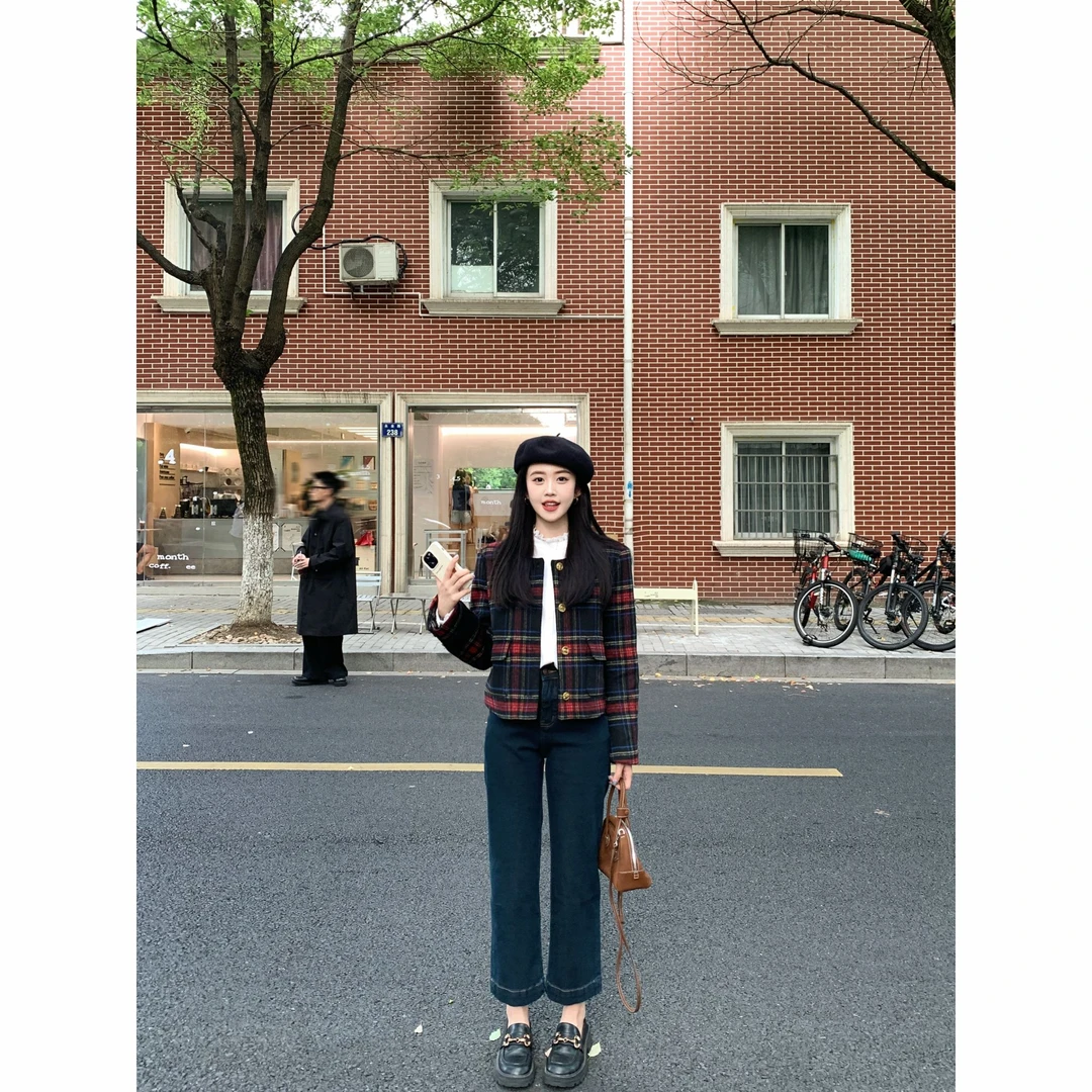 Zzhen【复调榛茶】复古深蓝色牛仔裤显瘦直筒烟管裤DKZ702