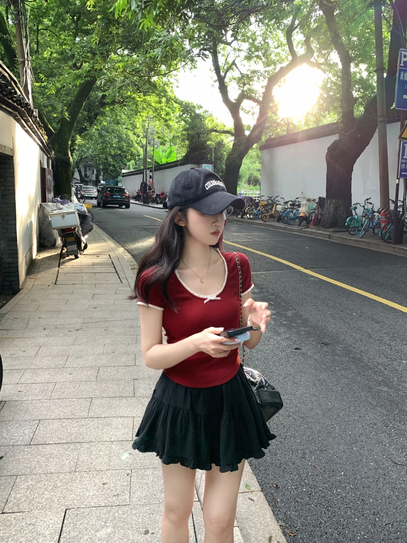 Zzhen【心桃甜果】撞色拼接花边蝴蝶结T恤修身显瘦短袖上衣DTX620！