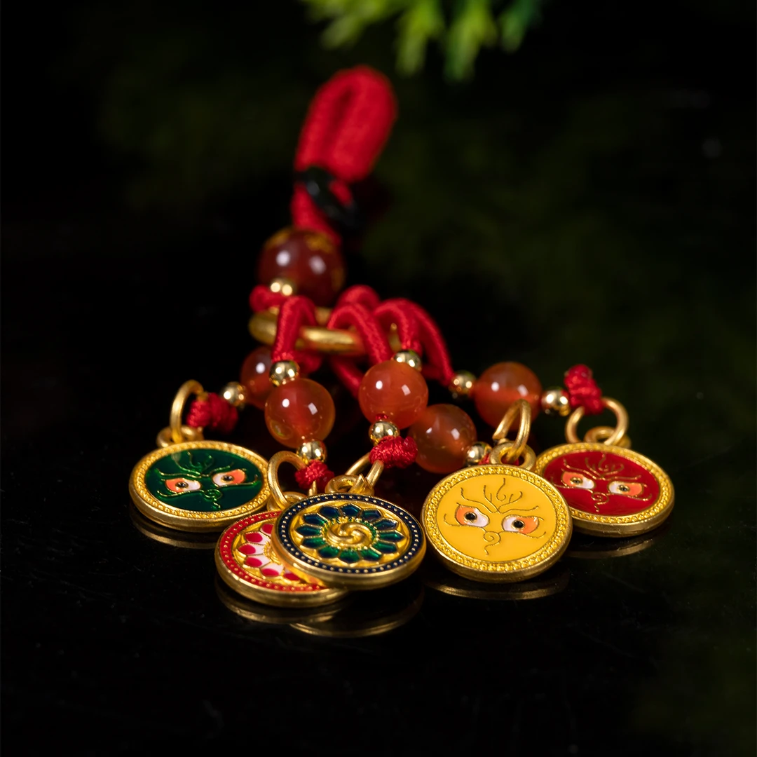 925银银制品 五彩时尚配饰银镀金五路财神挂件手工复古红绳红色