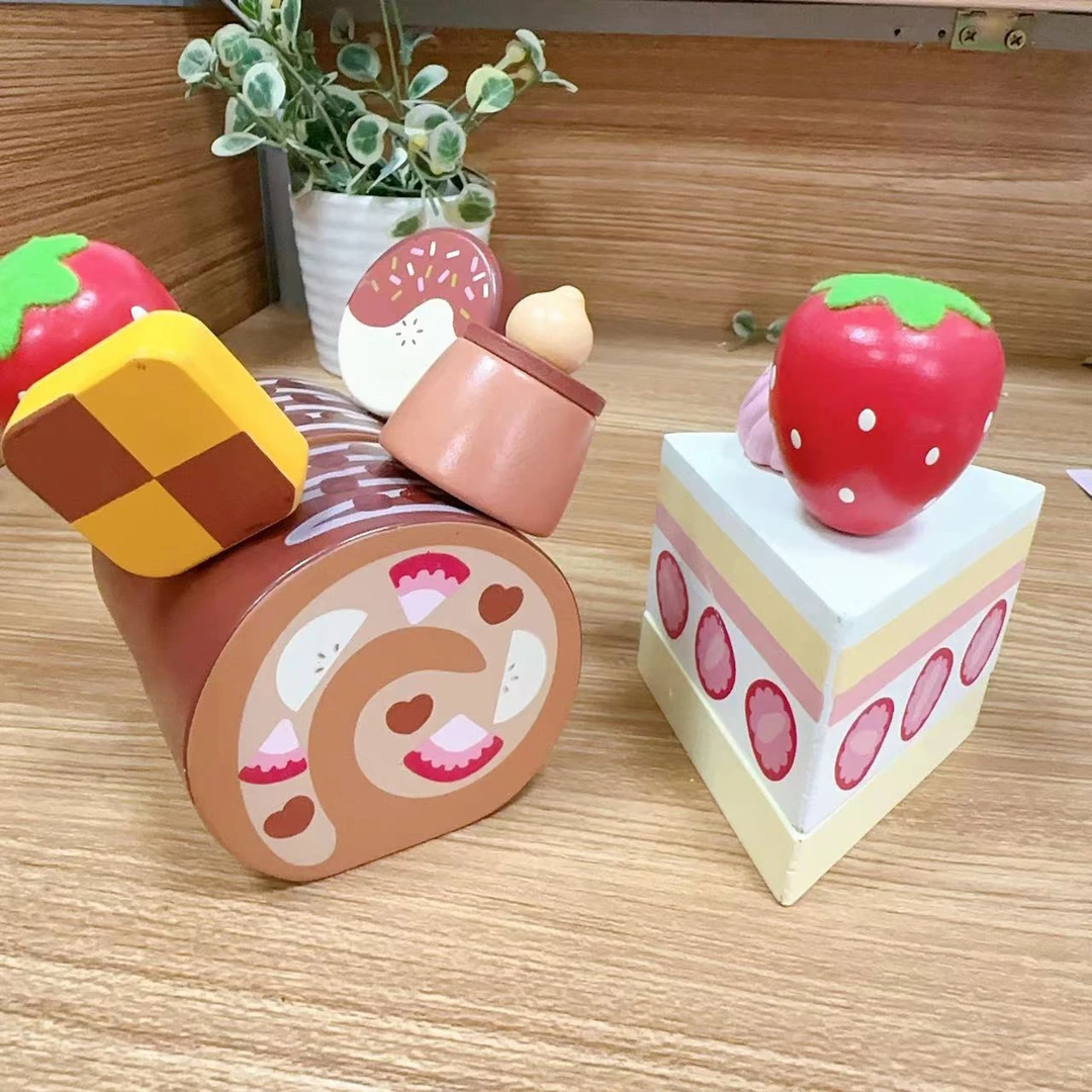 【微瑕福利】木质巧克力蛋糕卷草莓奶油蛋糕甜品套组过家家玩具