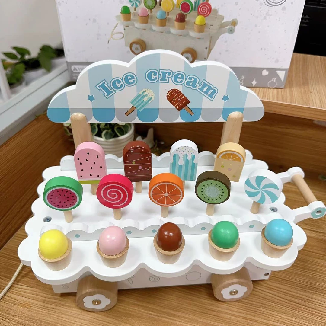 升级新款木制冰淇淋推车过家家玩具