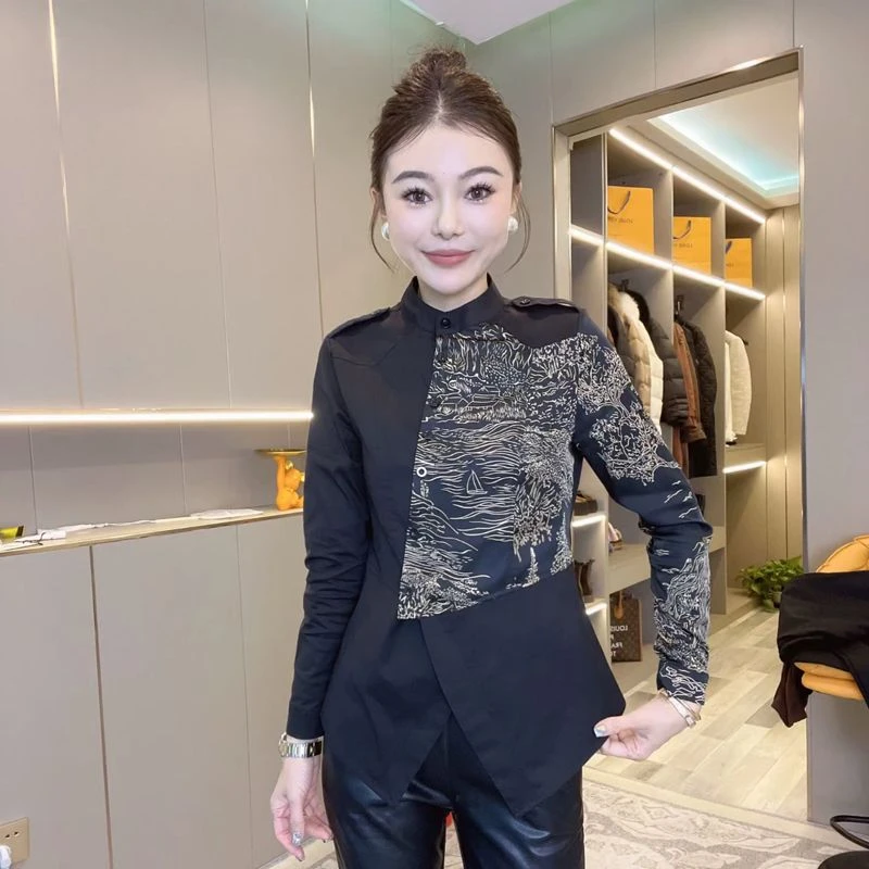 2024秋冬款印花小衫气质显瘦衬衣洋气斜襟拼接撞色上衣小立领衬衫