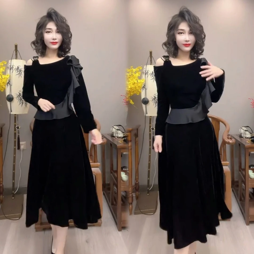 新款法式显瘦气质时尚丝绒百搭女款超仙洋气长款拼接黑色连衣裙潮