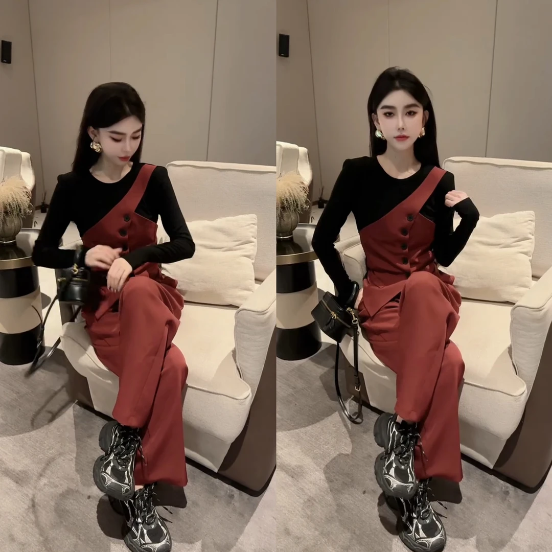 小众设计时尚套装女2024春秋新款气质显瘦假两件小衫阔腿裤两件套