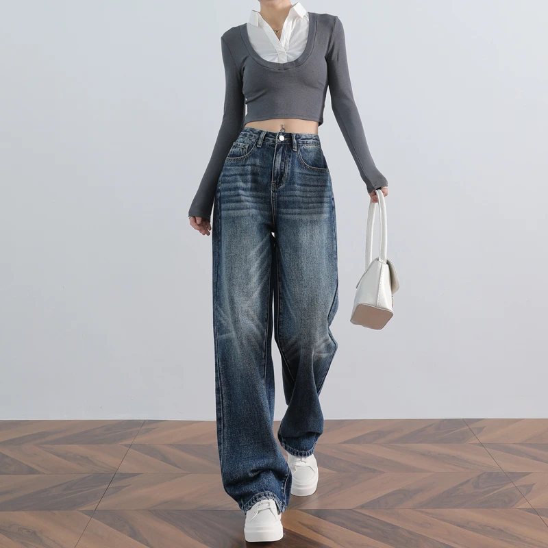 HYS/2024秋冬新款＆韩系卡布里蓝多工艺设计烟花纹阔腿牛仔裤女