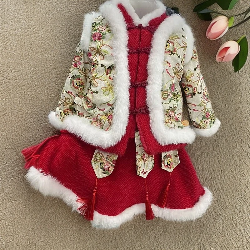 萌点网库{默认微瑕介意勿拍}女宝裙装红色拜年服女童儿童