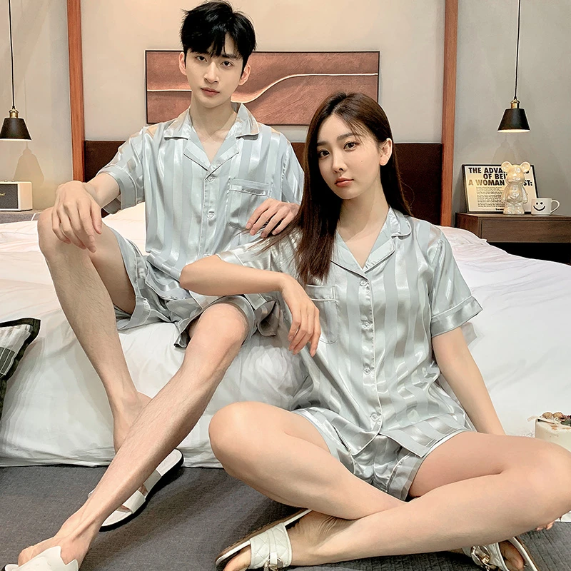 情侣睡衣夏季短袖冰丝男士家居服套装女士休闲高级翻领夏款可外穿