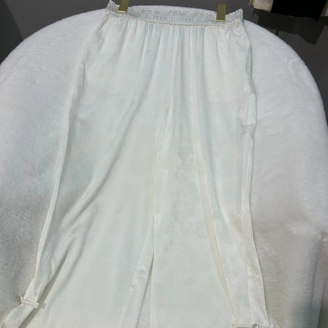 （已开价）桑蚕丝提花全松紧新中式直筒开叉裤子