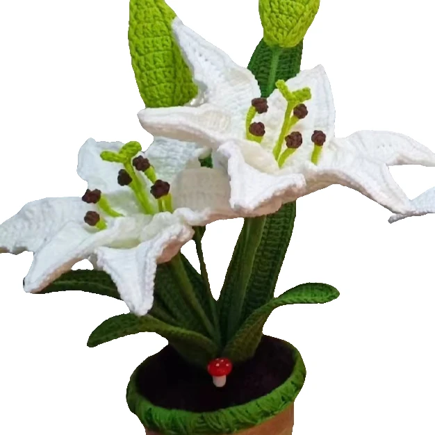 手工成品毛线钩织百合花仿真花盆栽假花家居桌面摆件装饰品