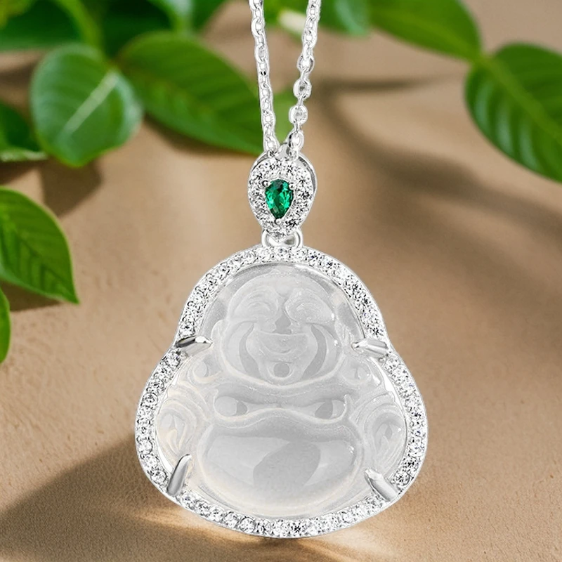 坠链均925银合成锆石 s925纯银镶钻弥勒佛项链轻奢精致女士佛公