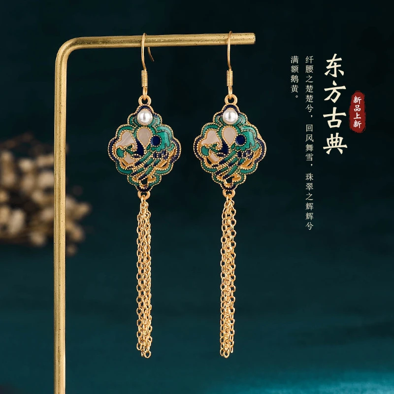 铜合金珐琅耳饰 新中式中国风如意平安锁流苏耳饰宝藏饰品耳环