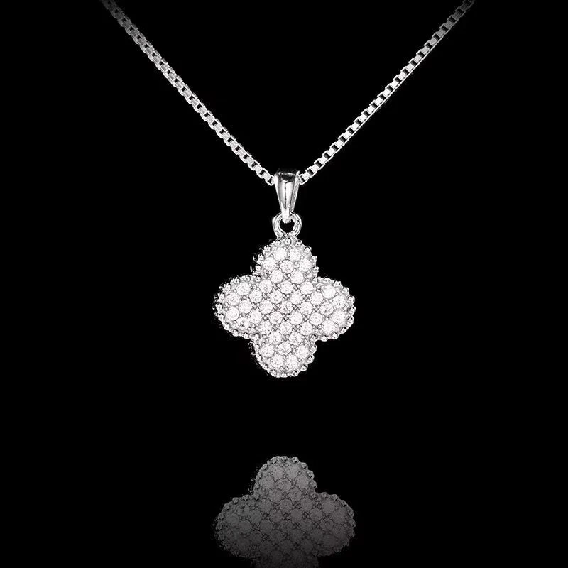 坠链均925银合成锆石 极简四叶草通体银项链白锆满钻黑白双面可带