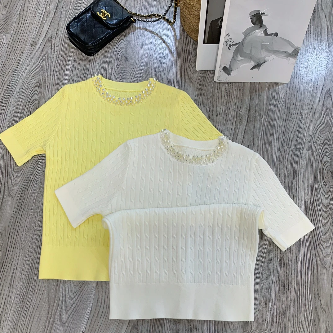 法式春款领口钉珠针织麻花短袖2024新款减龄珍珠领T恤甜美上衣女