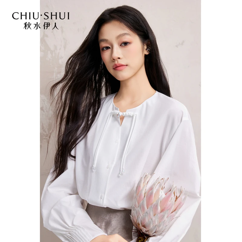 秋水伊人百搭圆领衬衫2025春季新款落肩设计感上衣625101A060146