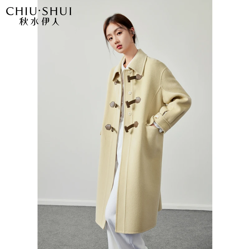 秋水伊人学院风牛角扣双面毛呢外套2023冬季新款女中长大衣
