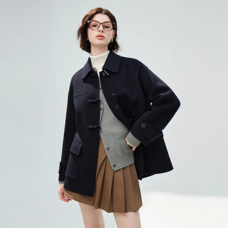 秋水伊人复古牛角扣全羊毛大衣2024冬新款女气质翻领双面毛呢外套