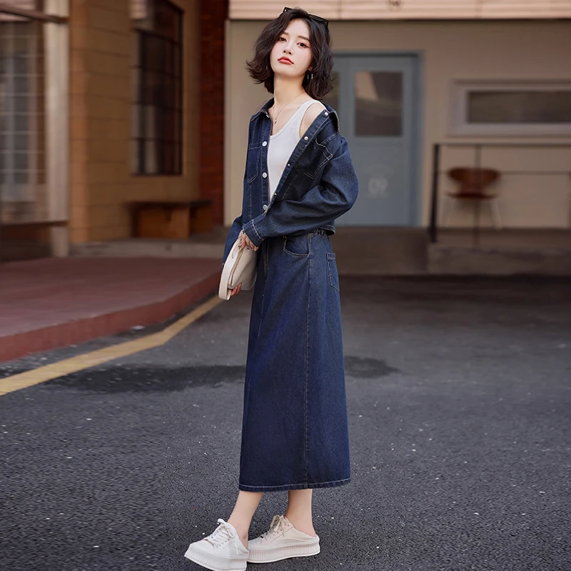 早秋冬御姐风高冷气质2024牛仔长袖短上衣半身裙子两件套装女装