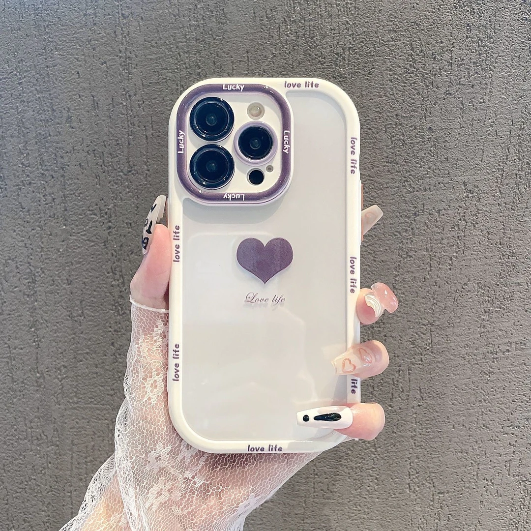 白紫爱心适用iPhone14promax/15手机壳13女12华为/小米/oppo/vivo