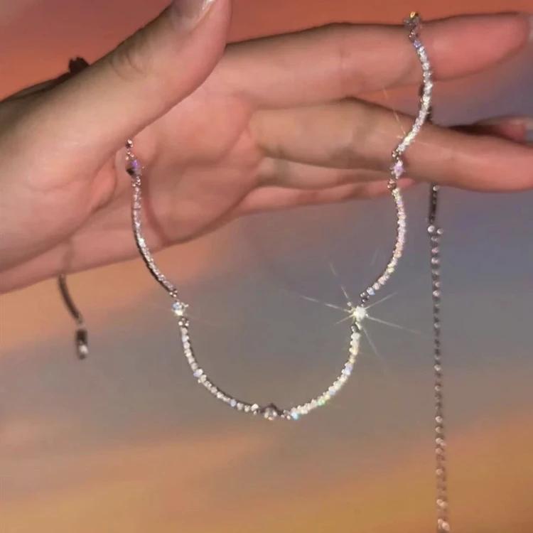 铜合金合成锆石项链 精致星光闪闪波浪项链轻奢小众锁骨链颈链