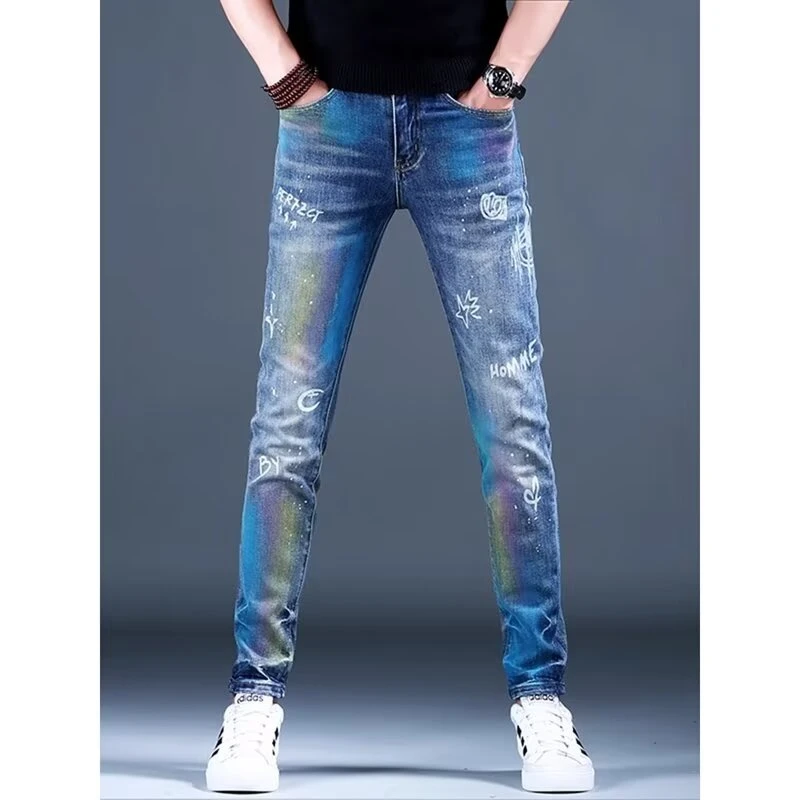 2024冬季新款欧洲站印花牛仔裤男潮牌弹力休闲百搭男裤泼墨个性潮