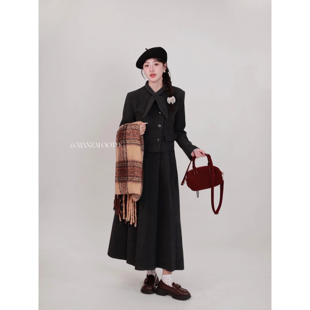 XIANZAI【艺术生】冬季新款小香风羊毛保暖羽绒服外套半身裙两件套