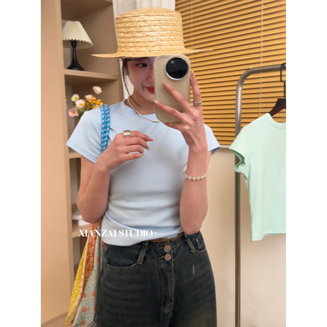 XIANZAI【糖果T】百搭｜2025夏季新款韩版显瘦内搭正肩短袖