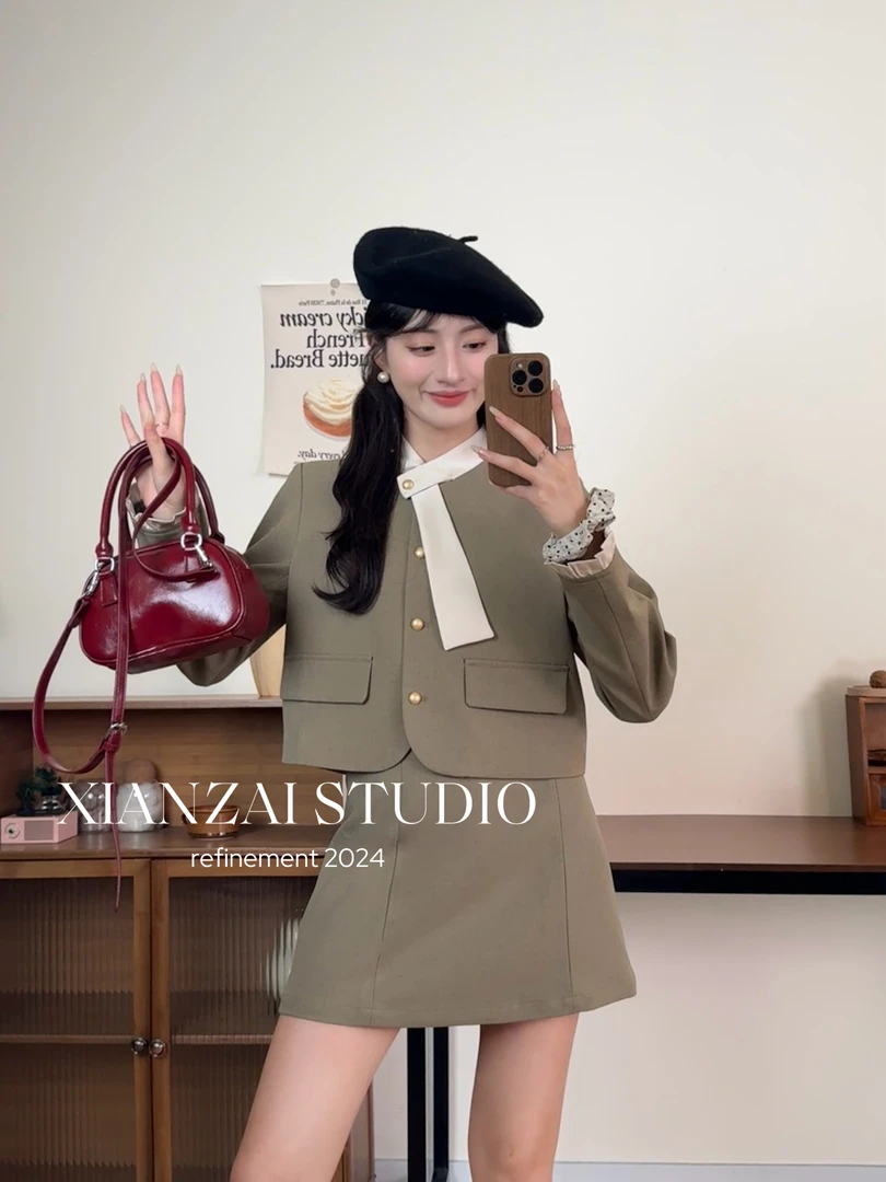 XIANZAI【西洋丁香】早春穿搭韩系宫廷风飘带西装外套+短裙两件套装