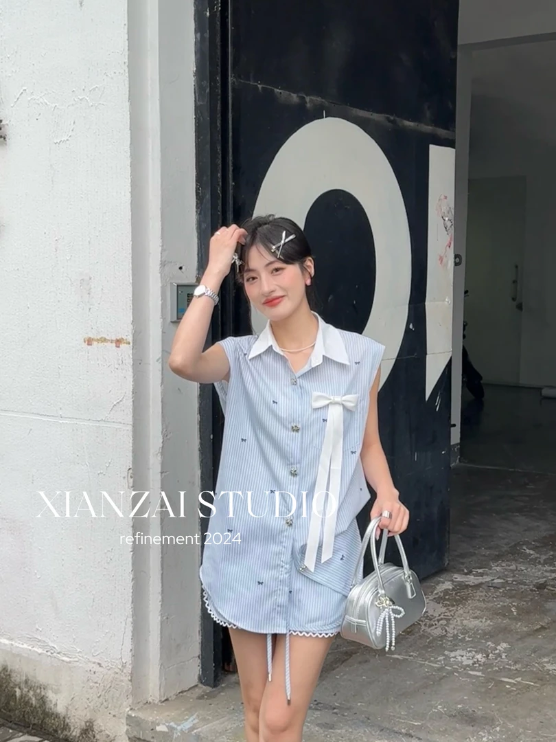 XIANZAI【韩系baby蓝】夏季新款蝴蝶结ins印花衬衫宽松短裤两件套装