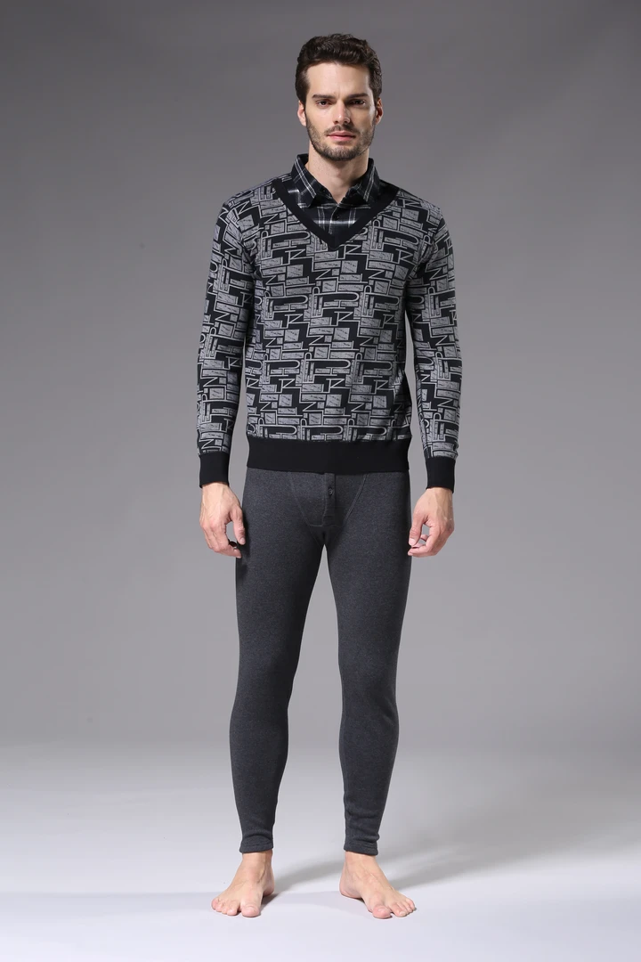 8391男士衬衫领加厚加绒保暖内衣套装