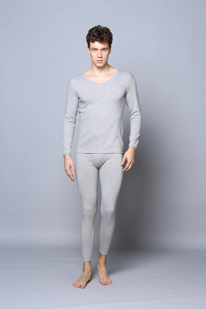 5008浅麻灰V领加厚加绒保暖内衣套装