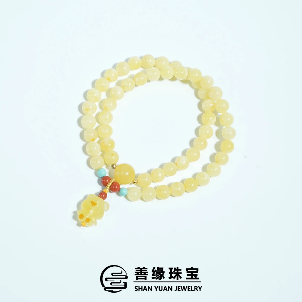 【善缘】天然俄料白花蜜蜡圆珠（微瑕）双圈小熊DIY款 手串手链