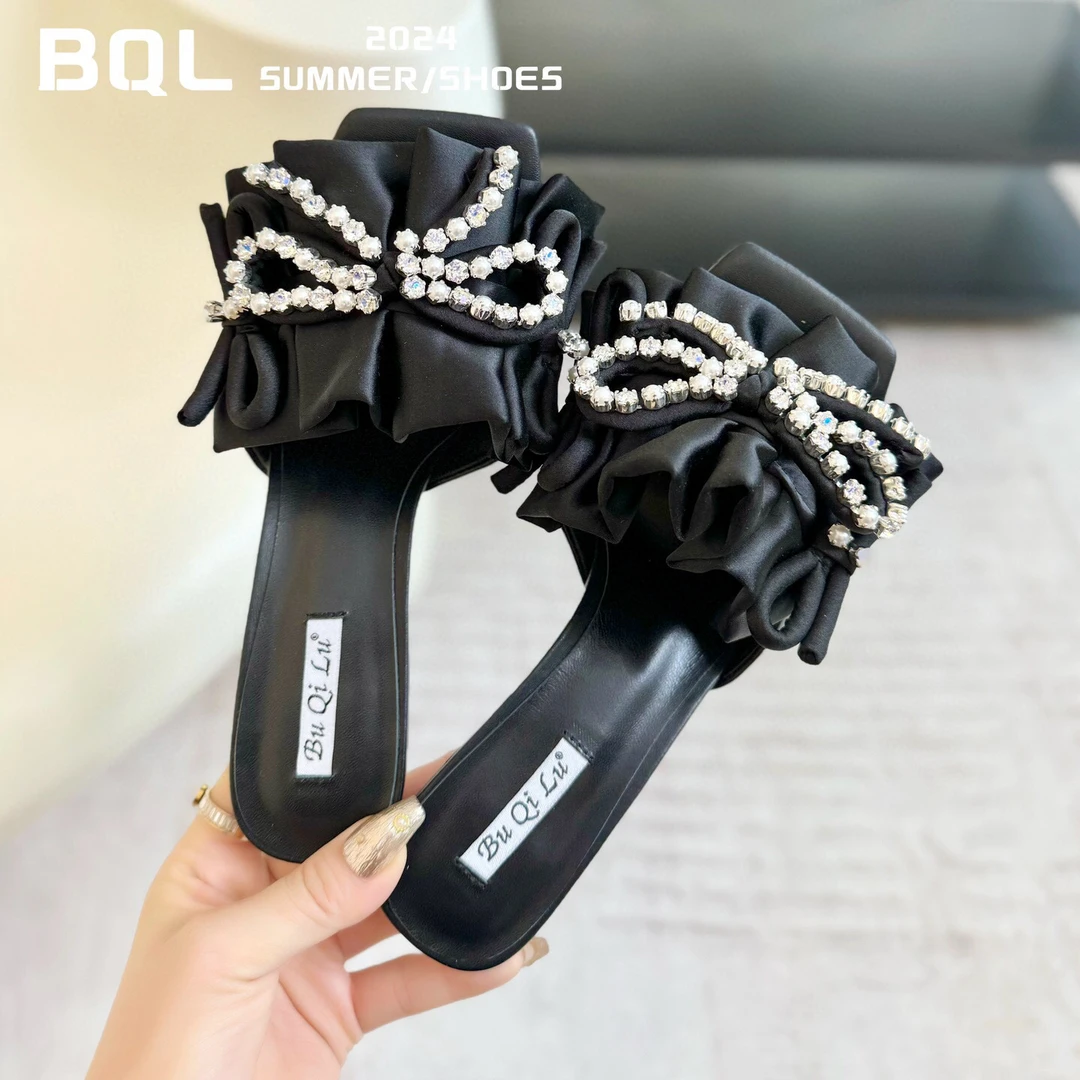 【XYZ轻奢女鞋】法式真丝羊皮蝴蝶结水钻细跟高跟凉拖鞋一字拖夏季