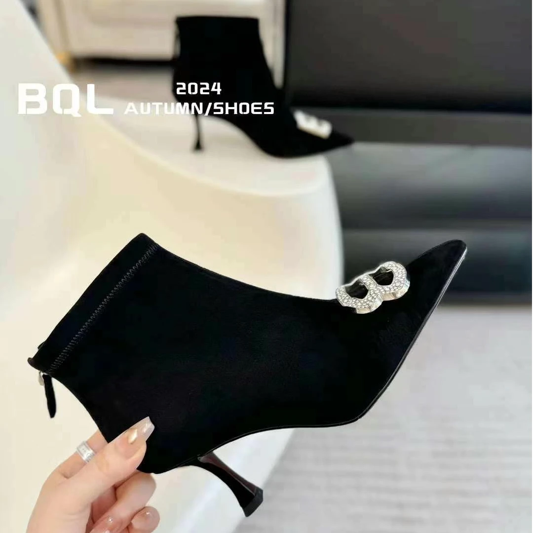 【XYZ轻奢女鞋】秋冬时尚气质女人真皮拉链B水钻尖头细高跟短靴单靴