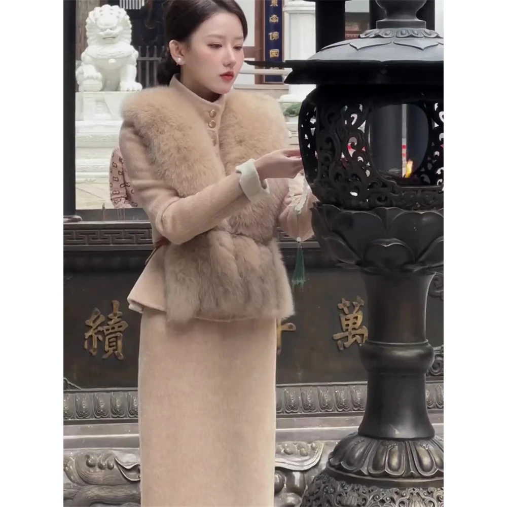 法式复古名媛女装高端精致穿搭气质收腰羊羔毛领外套半身裙两件套