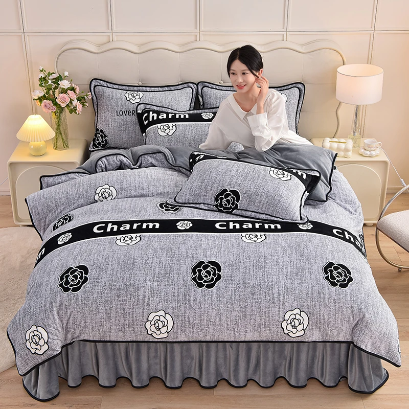 2024新款爆款牛奶绒印花四件套加绒加厚